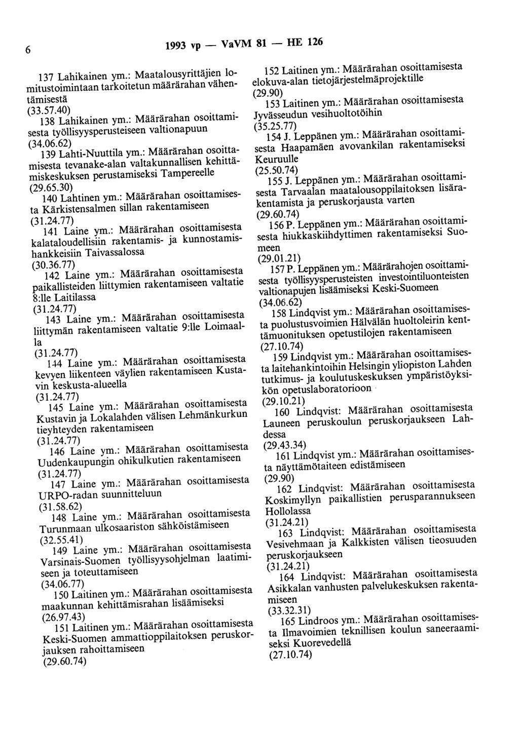 6 1993 vp - VaVM 81 - HE 126 137 Lahikainen ym.: Maatalousyrittäjien lomitustoimintaan tarkoitetun määrärahan vähentämisestä (33.57.40) 138 Lahikainen ym.
