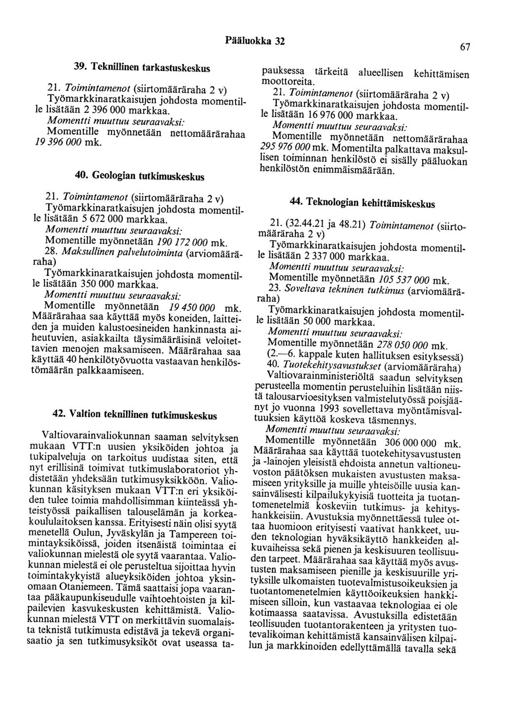 Pääluokka 32 67 39. Teknillinen tarkastuskeskus 21. Toimintamenot (siirtomääräraha 2 v) lisätään 2 396 000 markkaa. Momentille myönnetään nettomäärärahaa 19 396 000 mk. 40.