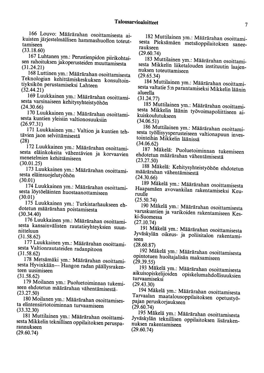 Talousarvioaloitteet 7 166 Louvo: Määrärahan osoittamisesta aikuisten järjestelmällisen hammashuollon toteuttamiseen (33.18.60) 167 Luhtanen ym.