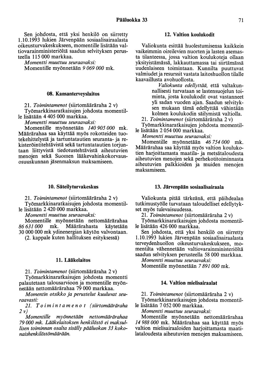 Pääluokka 33 71 Sen johdosta, että yksi henkilö on siirretty 1.10.