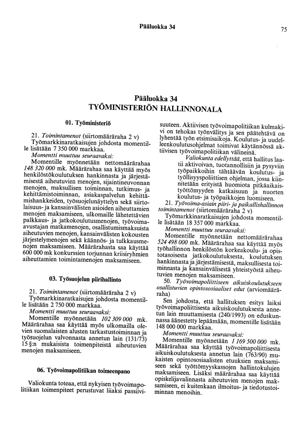 Pääluokka 34 75 Pääluokka 34 TYÖMINISTERIÖN HALLINNONALA 01. Työministeriö 21. Toimintamenot (siirtomääräraha 2 v) lisätään 7 350 000 markkaa. Momentille myönnetään nettomäärärahaa 148 320 000 mk.