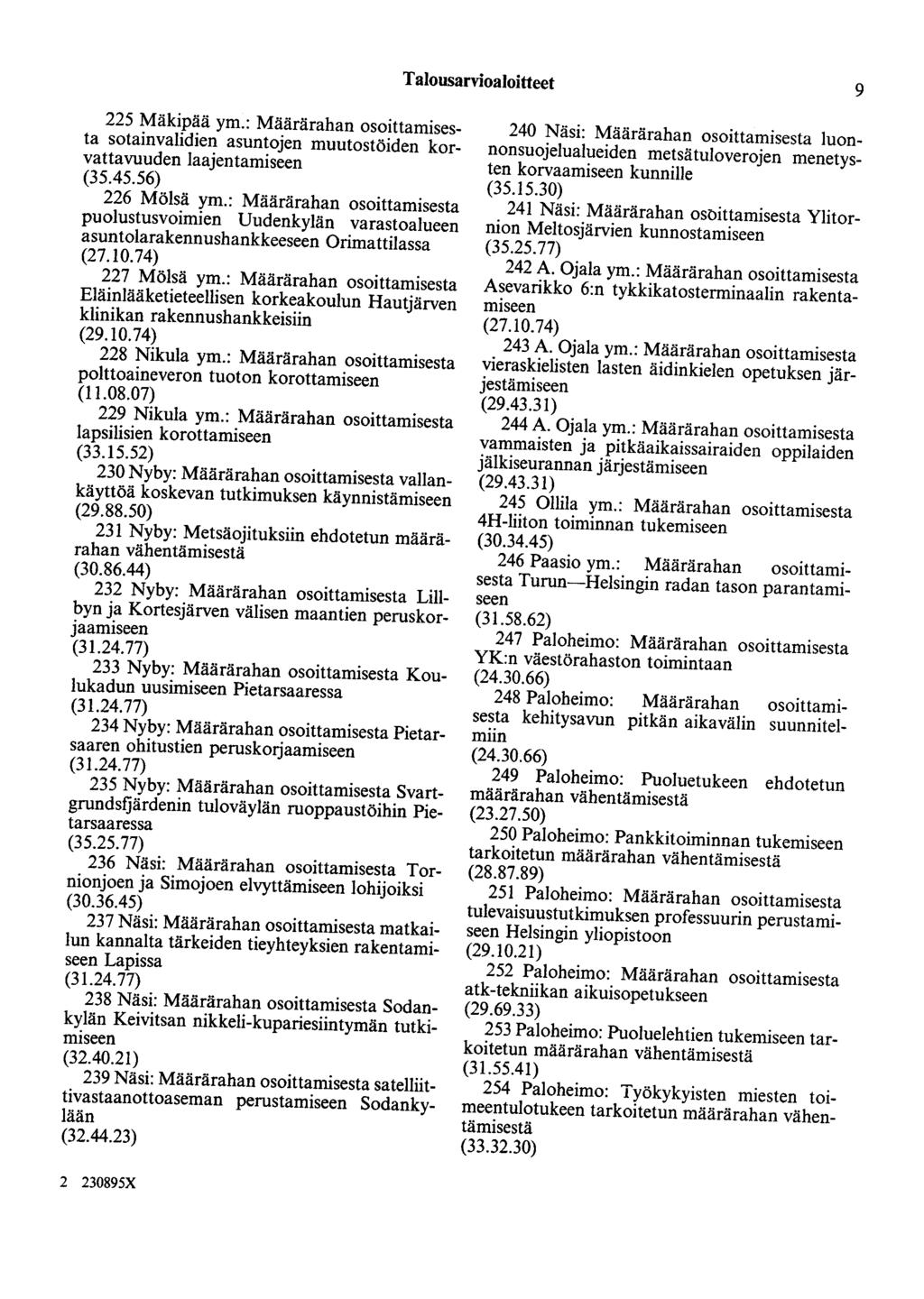 Talousarvioaloitteet 9 225 Mäkipää ym.: Määrärahan osoittamisesta sotainvalidien asuntojen muutostöiden korvattavuuden laajentamiseen (35.45.56) 226 Mölsä ym.