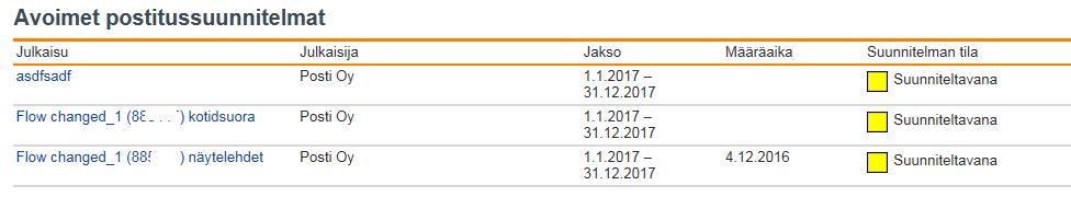 Avoimet postitussuunnitelmat Etusivun Avoimet postitussuunnitelmat kohdassa sinulle näytetään kaikki kesken ovat jakelutilaukset.