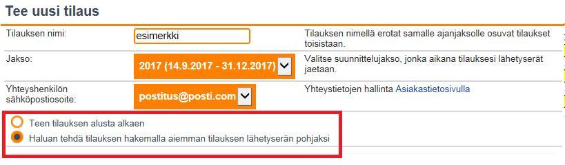 Jakelutilauksen tekeminen kopioimalla tiedot aiemmasta tilauksesta 1! 1 2 Kopiointi aiemmista jakelutilauksista toimii vain kun tehdään lehtijakelun tilaus.