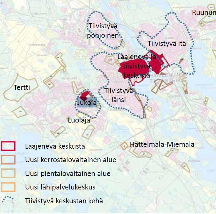 RAPORTTI 12 (47) Jukola Hämeenlinnan kantakaupungin yleiskaavaehdotuksessa Jukolan kaupunginosaan on osoitettu pienempi keskustatoimintojen alue. Kerrostalovaltaiset alueet keskittyvät mm.