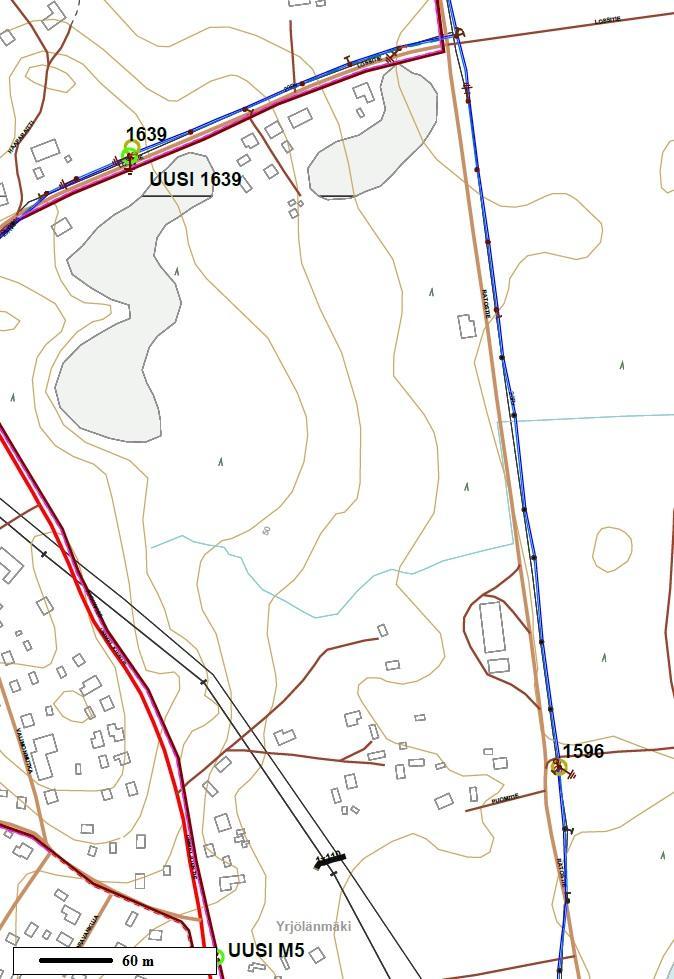 77 Um 6. Kuvassa 36 on esitetty muuntamoiden sijainnit ja Ratostien kj-linja. Muuntamolle M1596 syöttävä 20 kv ilmajohtoverkon osuuden vikapriorisointia tulisi lisätä vikatilanteissa. Kuva 36.