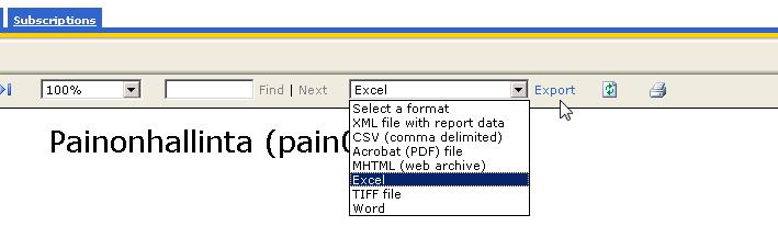 Julkaise raportti Excel-muotoon Export-painikkeella.