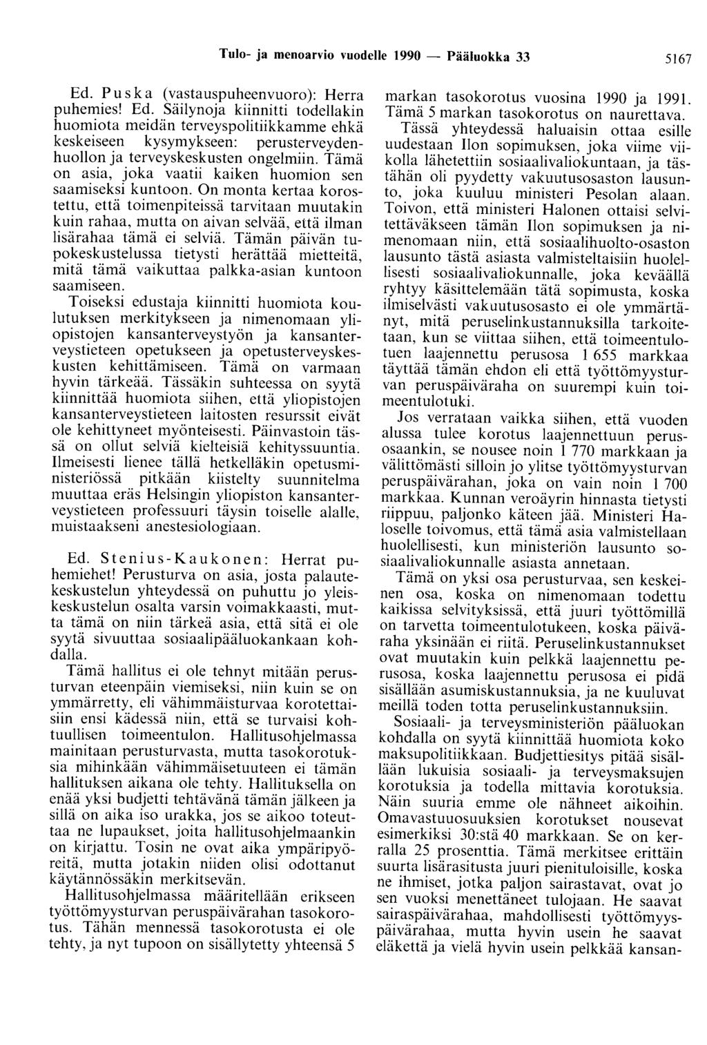 Tulo- ja menoarvio vuodelle 1990 - Pääluokka 33 5167 Ed.