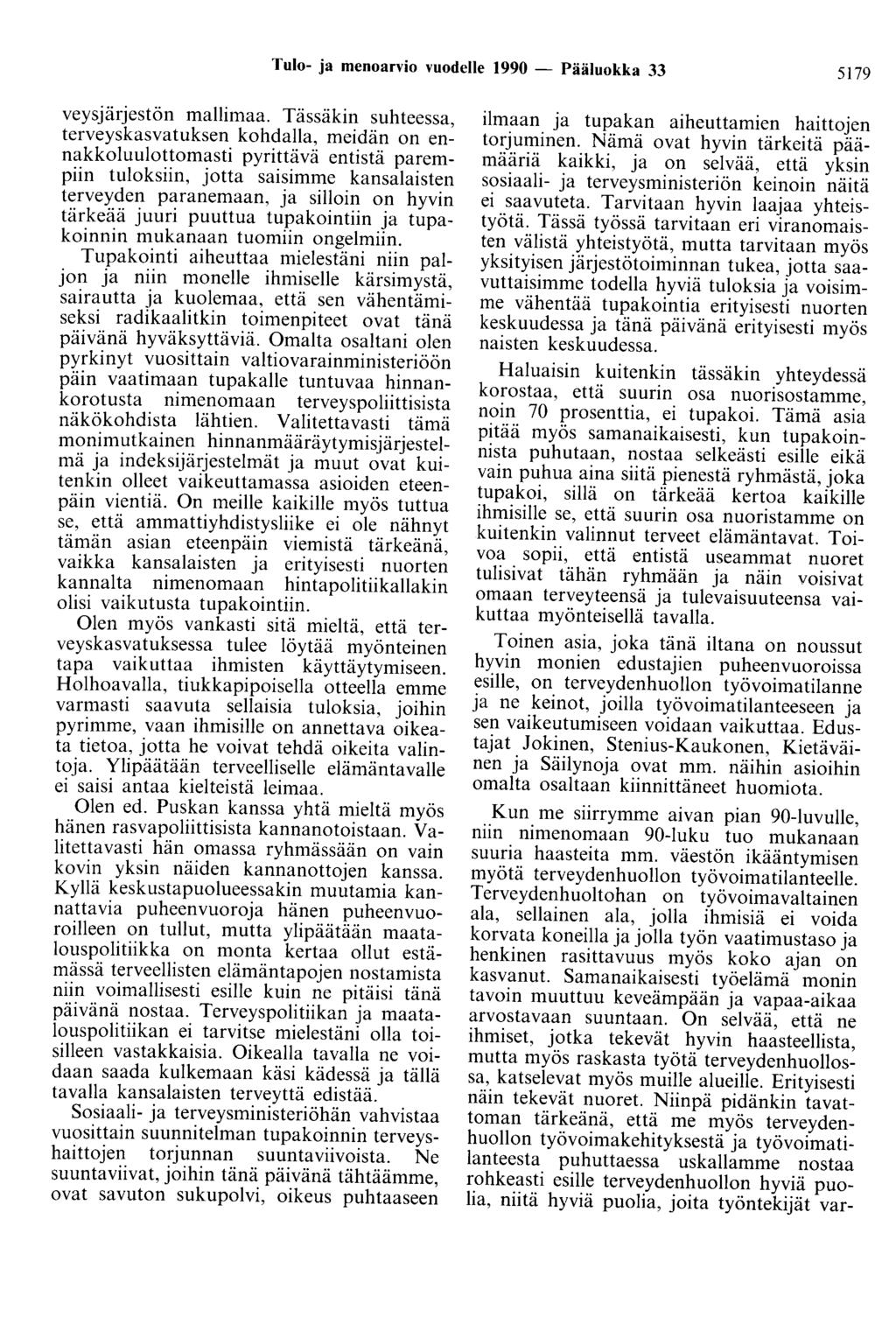 Tulo- ja menoarvio vuodelle 1990 - Pääluokka 33 5179 veysjärjestön mallimaa.