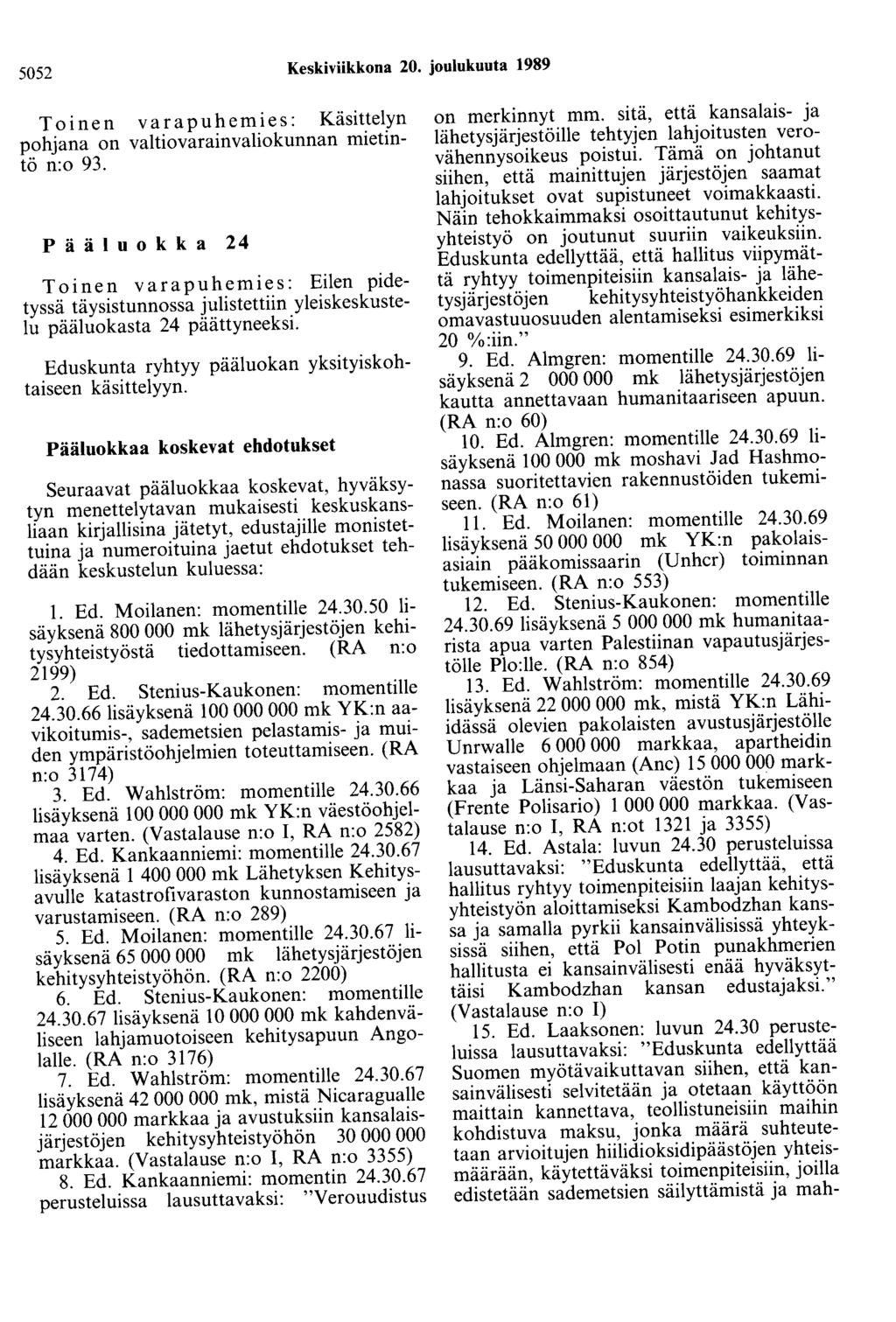 5052 Keskiviikkona 20. joulukuuta 1989 Toinen varapuhemies: Käsittelyn pohjana on valtiovarainvaliokunnan mietintö n:o 93.