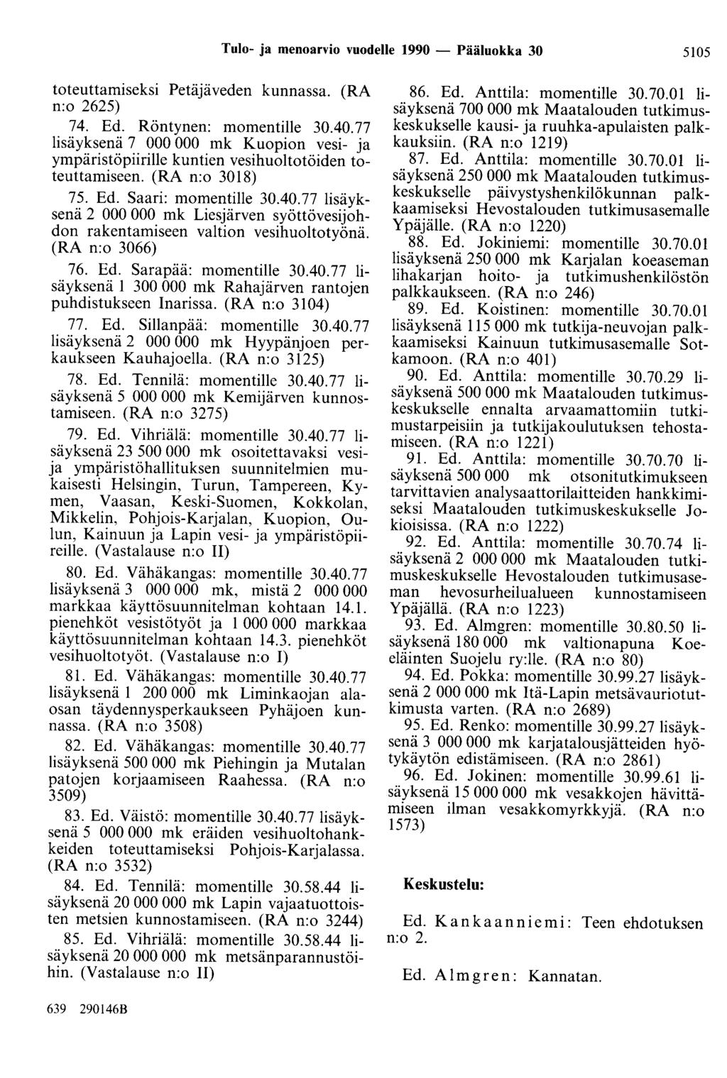 Tulo- ja menoarvio vuodelle 1990 - Pääluokka 30 5105 toteuttamiseksi Petäjäveden kunnassa. (RA n:o 2625) 74. Ed. Röntynen: momentille 30.40.