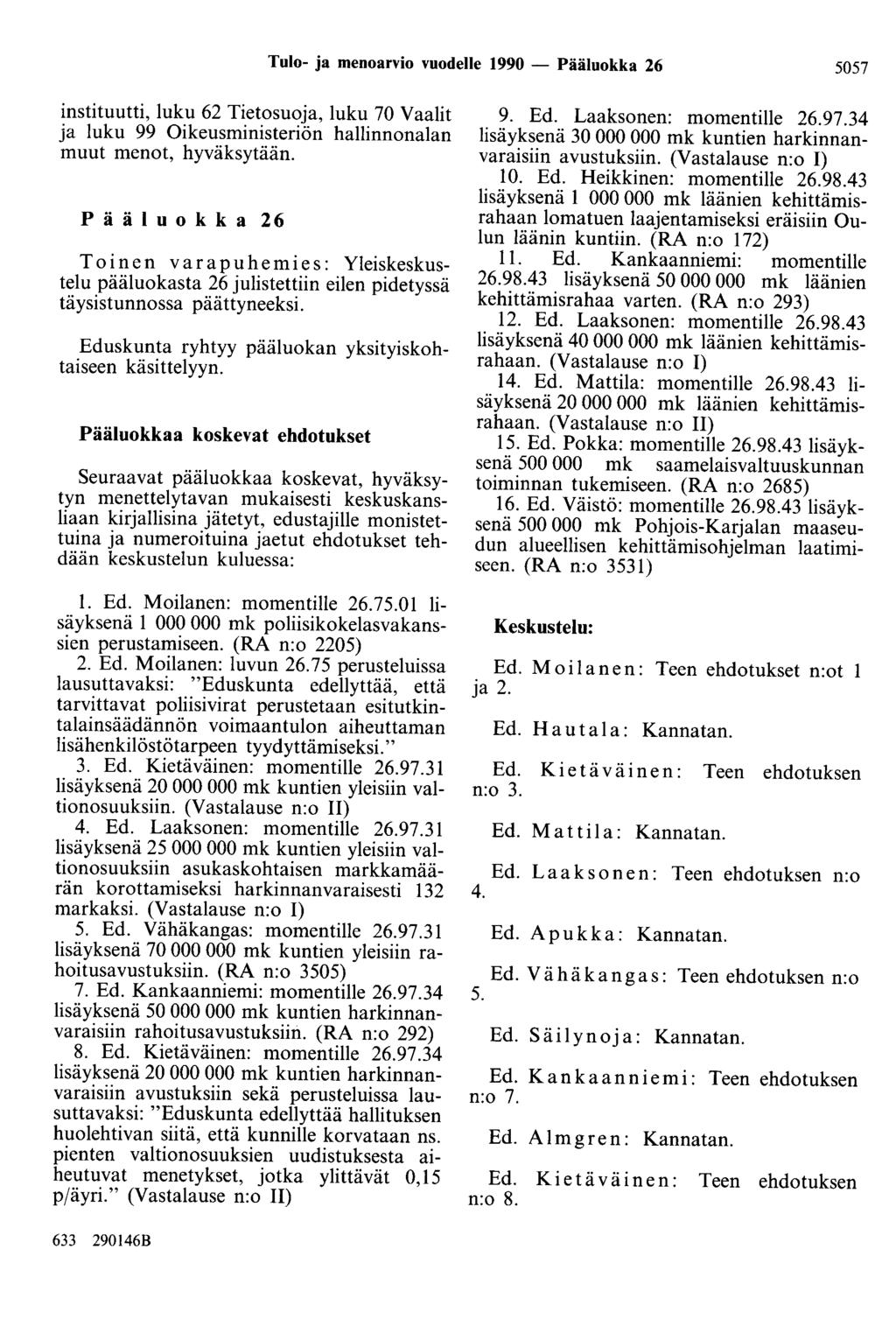 Tulo- ja menoarvio vuodelle 1990 - Pääluokka 26 5057 instituutti, luku 62 Tietosuoja, luku 70 Vaalit ja luku 99 Oikeusministeriön hallinnonalan muut menot, hyväksytään.