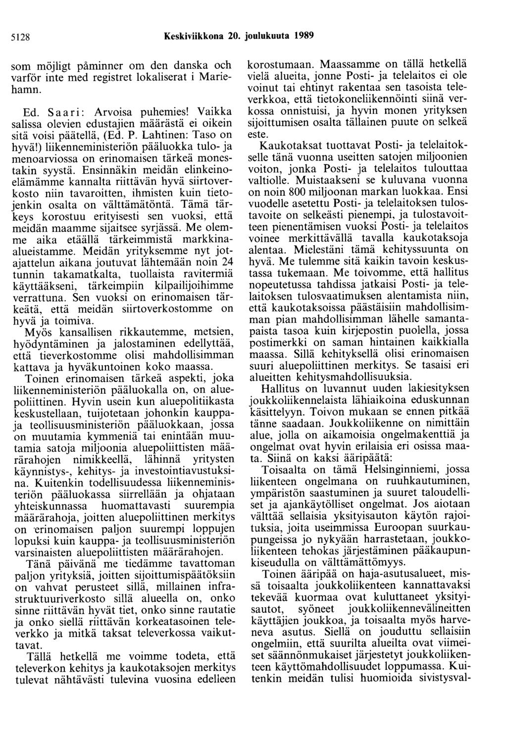 5128 Keskiviikkona 20. joulukuuta 1989 som möjligt påminner om den danska och varför inte med registret lokaliserat i Mariehamn. Ed. Saari: Arvoisa puhemies!