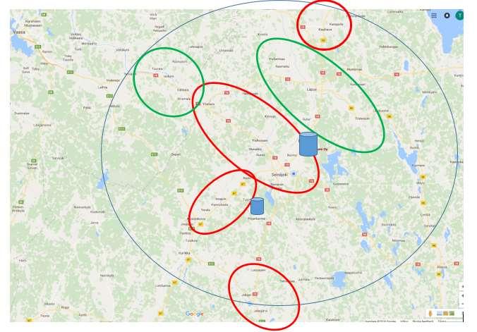 Esimerkkitarkastelu: Keskitetty laitos kotieläinkeskittymässä 13 Kunta P-pisteet E-pisteet Yht: Alajärvi 3 1 4 Alavus 2 1 3 Evijärvi 3 0 3 Ilmajoki 3 3 6 Isojoki 0 0 0 Isokyrö 0 2 2 Karijoki 1 0 1