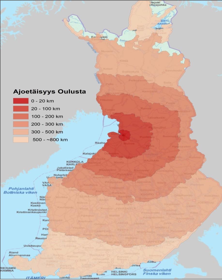 OULUN VAIKUTUSALUE ASUKAS- JA TYÖPAIKKAMÄÄRÄN NÄKÖKULMASTA 20 kilometrin etäisyydellä (A) Oulusta asuu 212 600 asukasta ja sijaitsee noin 50 000 työpaikkaa 100 kilometrin etäisyydellä (B) Oulusta