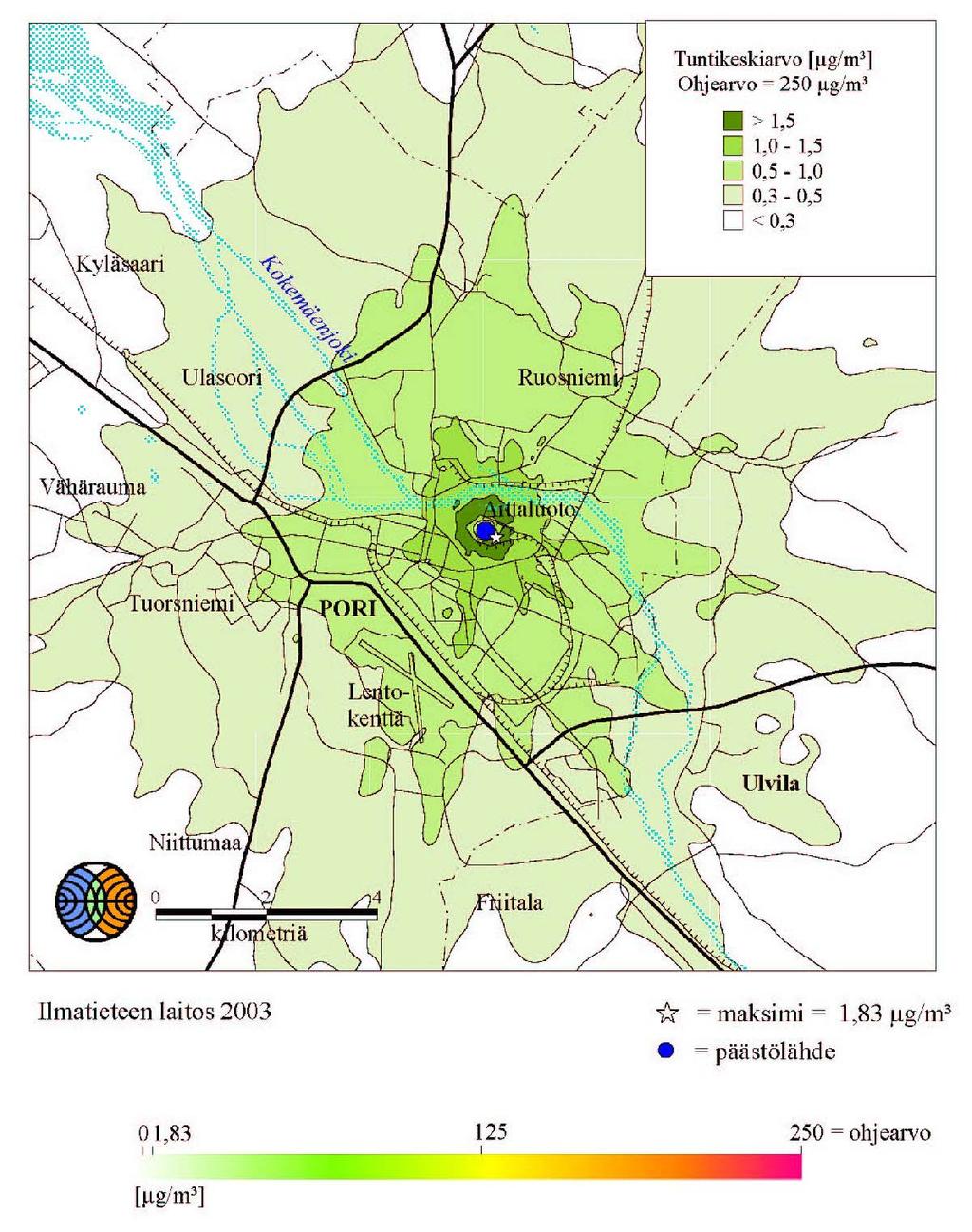 Maaliskuu 2004 98 (140) KUVA 11/3 Jätteenpolttolaitoksen päästöjen aiheuttama rikkidioksidin