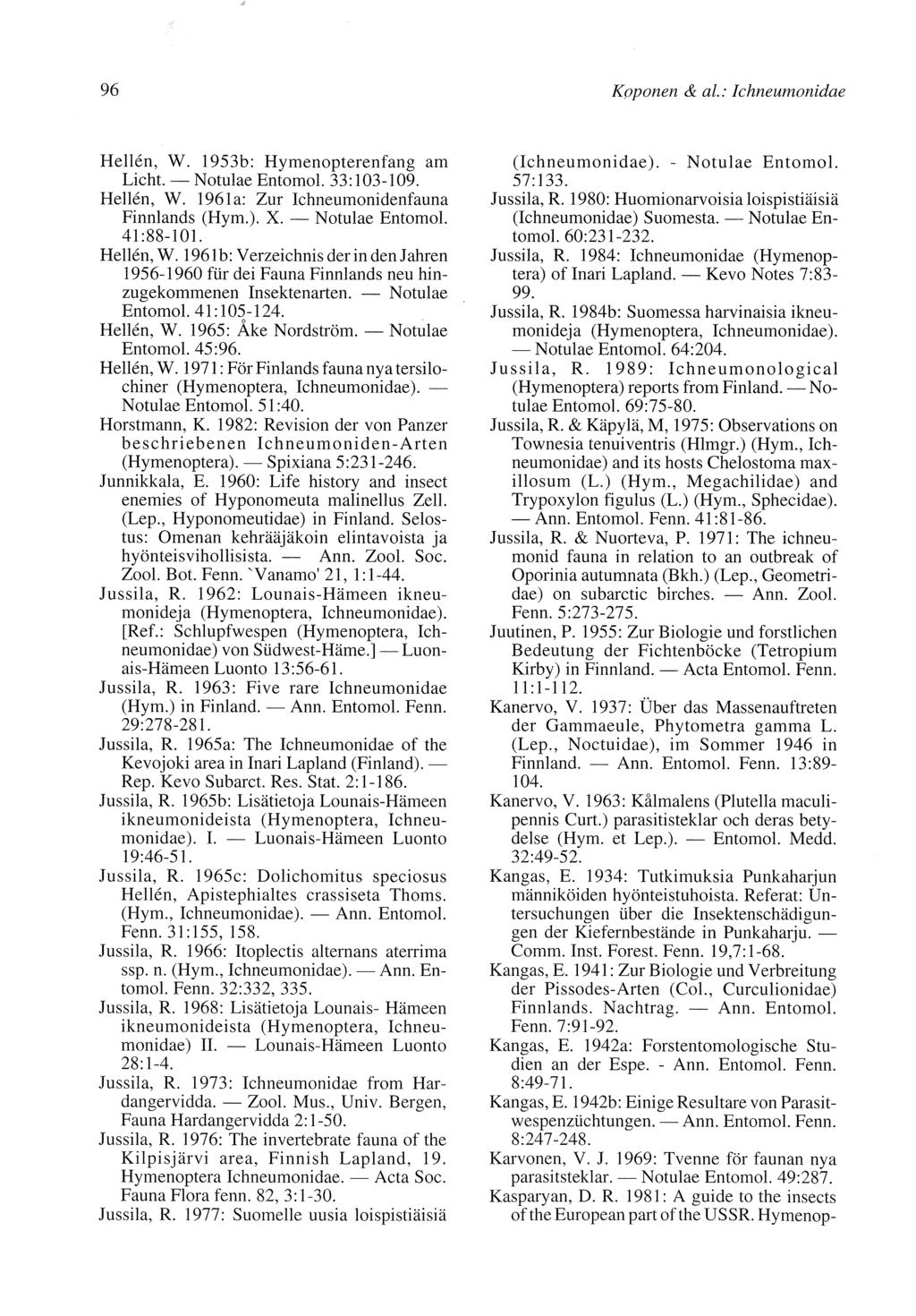 96 Kpponen & al.: Ichneumonidae Hellén, W. 1953b: Hymenopterenfang am Licht. Notulae Entomol. 33:103109. Hellén, W. 1961a: Zur Ichneumonidenfauna Finnlands (Hym.). X. Notulae Entomol. 41:88101.