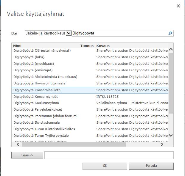 Metku Pakotetun viestin voi kohdentaa kaikille valitsemalla Digityöpöytä-alkuisista AD-ryhmistä joko kaikki tai