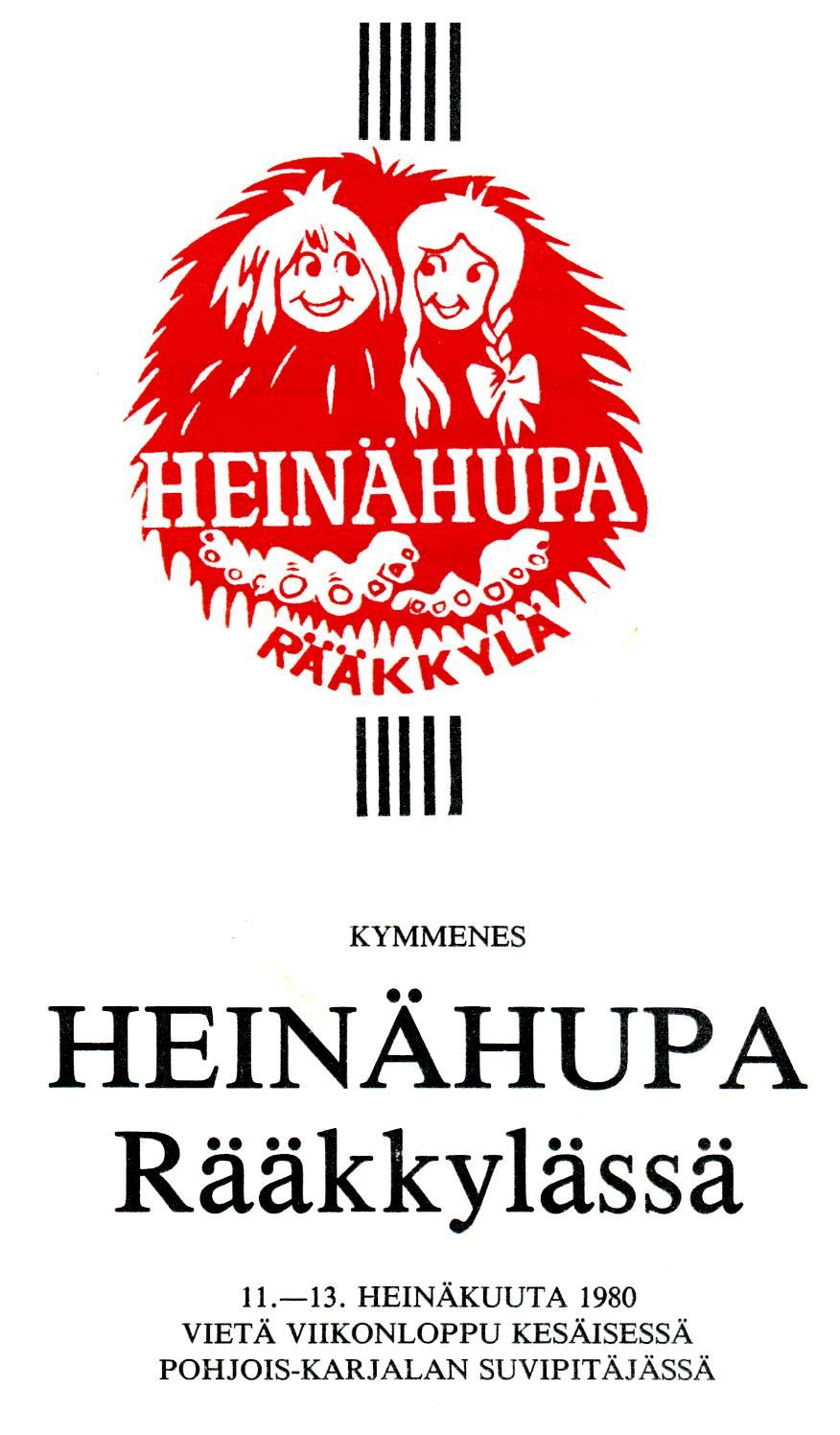 Vuoden 1980 Heinähuvan ohjelmalehtisen kansi. Kunnanjohtaja toivotti juhlavieraat tervetulleeksi Rääkkylän Heinähupaa.