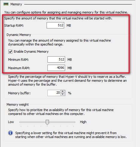 Kuvio 7. Dynaamisen muistin käytön konfiguroiminen virtuaalikoneelle Dynaamiseen muistiin liitty Windows Server 2012:n uusi ominaisuus Smart Paging.