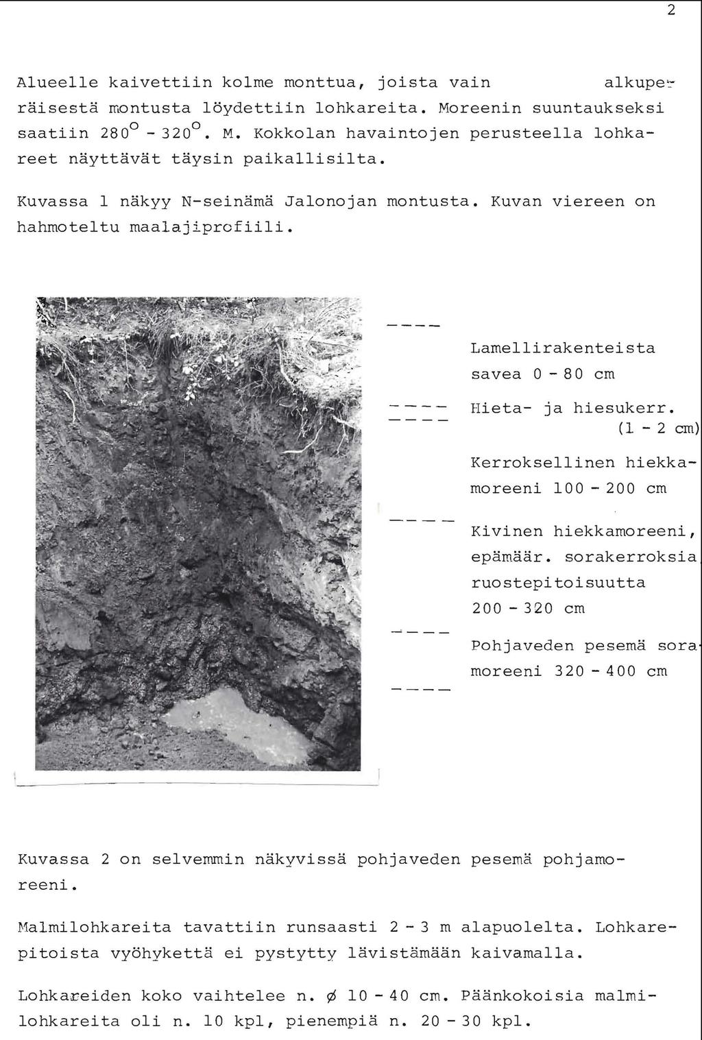 2 Alueelle kaivettiin klme mnttua jista vain alkupe'- räisestä mntusta löydettiin lhkareita. Mreenin suuntaukseksi saatiin 280 0-320 0. M. Kkklan havaintjen perusteella lhkareet näyttävät täysin paikallisilta.