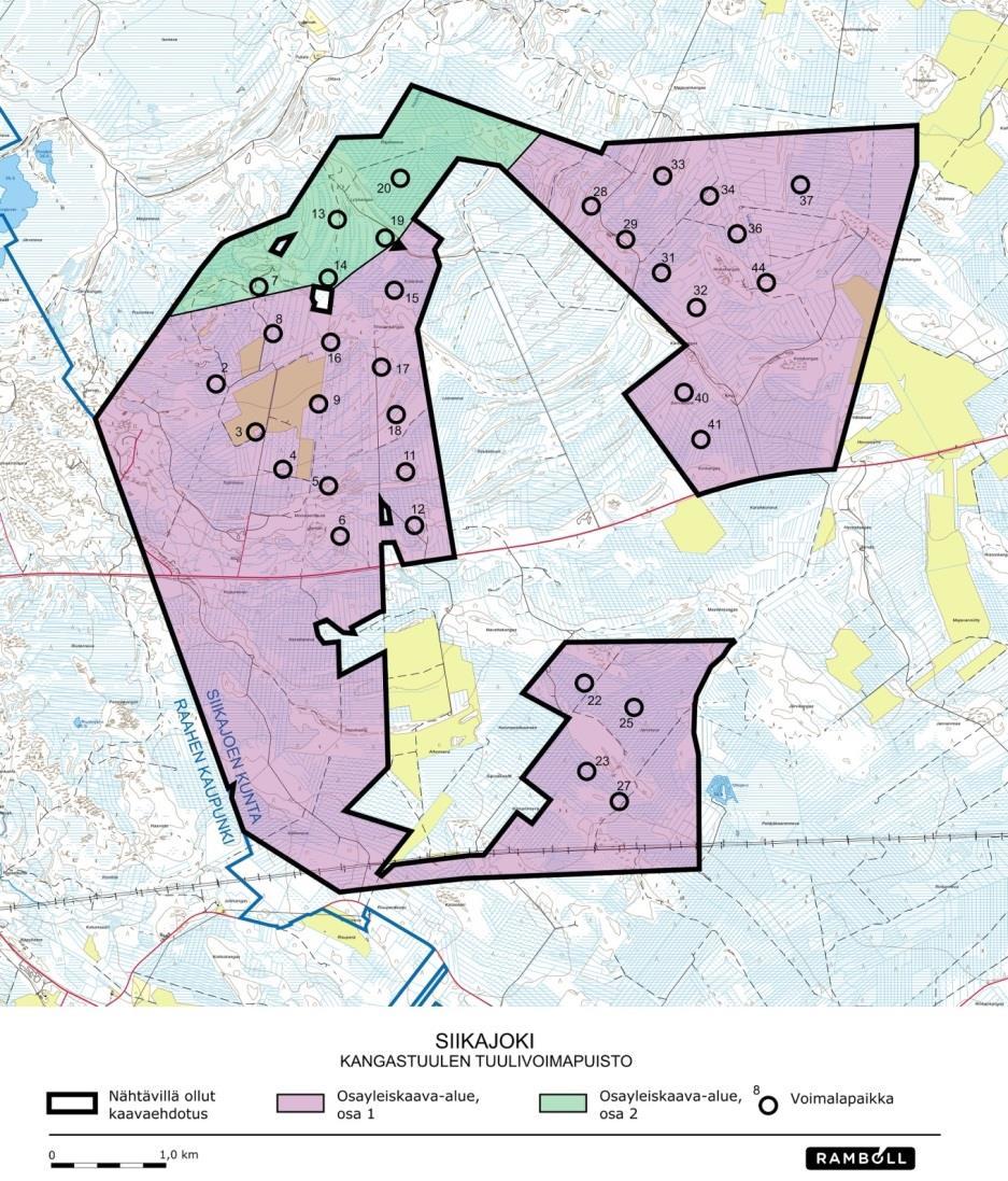 12 Kuva 9. Nähtävillä ollut Kangastuulen kaavaehdotus jaetaan osiin 1 ja 2 (KH ) 1.9 Pohjois-Pohjanmaan liitto 20.6.2017 1) Osayleiskaavaehdotuksessa suunnitellut voimalat sijoittuvat pääosin 1.