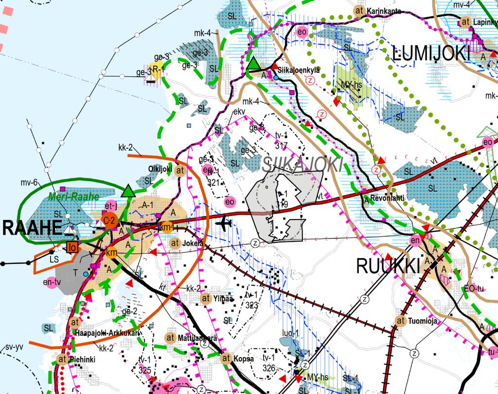 19 Kuva 10. Ote Pohjois-Pohjanmaan maakuntakaavojen yhdistelmäkartasta (Pohjois-Pohjanmaan liitto 20.3.2017). Kuvassa on esitetty Pohjois-Pohjanmaan lainvoimaiset maakuntakaavat sekä 3.