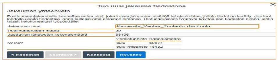 Tiedoston valinnan jälkeen paina Seuraava -painiketta. Tämän jälkeen sinulle näytetään esikatselunäkymässä lähettämäsi tiedoston sisältö. Klikkaa taulukossa sitä solua, josta alkaa postinumerot.