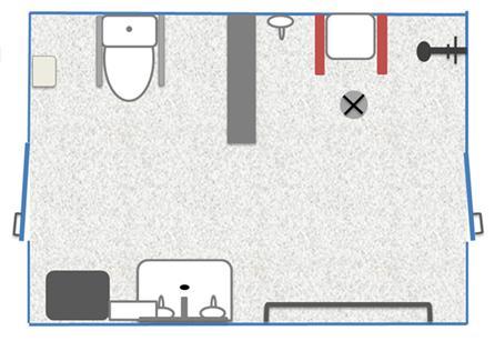 Wc-suihkutila Harjapese käyttöliuoksella suihkuhanat ja seinät suihkutuolit ja muut apuvälineet hana, käsisuihku ja käsienpesuallas roiskuttamatta ympäristöä Pese WC-allas käyttöliuoksella