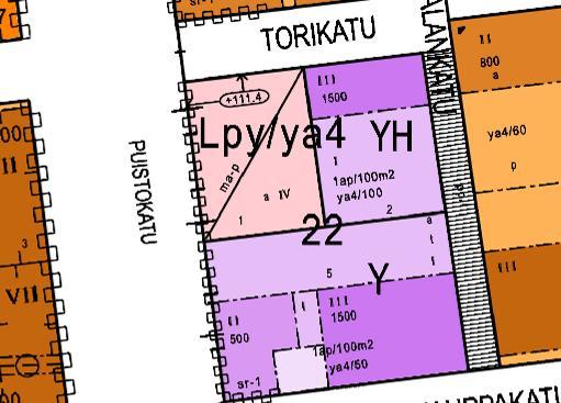 Tontti -- on yleisten rakennusten korttelialuetta (Y). Kauppakadun ja Hatsalankadun kulmauksessa on rakennusala kolmikerroksiselle rakennukselle (III), jonka rakennusoikeus on 00 k-m.