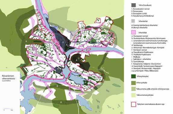 Rovaniemen viherrakenteesta on vuonna 2002 tehty viheraluesuunnitelma (Svärd 2007), jossa korostuvat keskusta-alueen