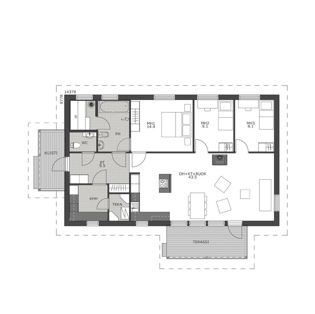 KAARI 126 4 H + K Huoneistoala: 108 m 2 Kerrosala: 126 m2 Kolme makuuhuonetta rinnakkain talon toisella sivulla.