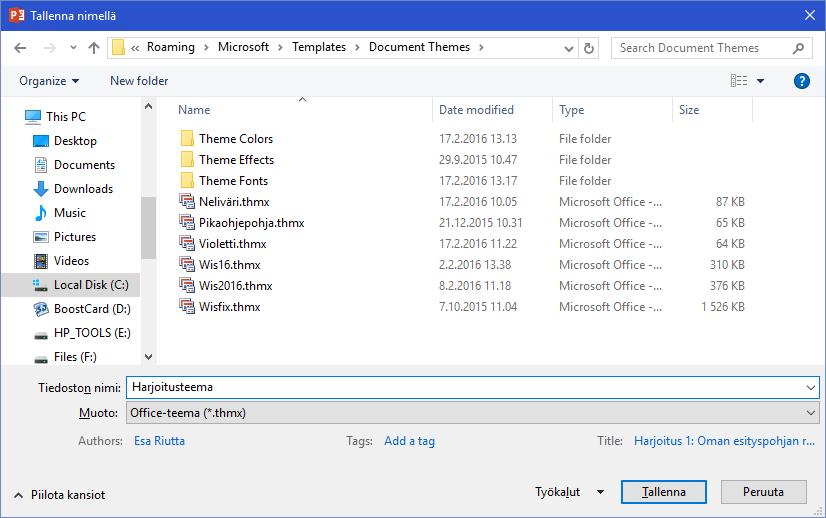 Tallennusikkunassa etsi pohjalta Muoto-valikko (Format) ja valitse tallennusmuodoksi Officeteema (Office Theme). Tallennuskansio muuttuu automaattisesti teemojen omaksi kansioksi.