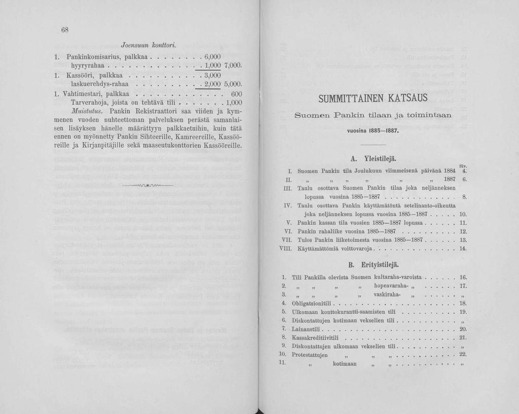 68 Joensuun konttori. 1. Pankinkomisarius, palkkaa...6,000 hyyryrahaa... 1,000 7,000. 1. Kassööri, p a lk k a a... 3,000 laskuerehdys-rahaa... 2,000 5,000. 1. Vahtimestari, p a lk k a a.