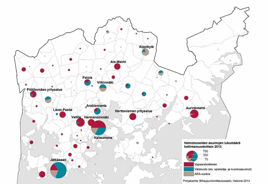 Päämäärä II Asuntotuotanto 19 Kartta 1. Valmistunut asuntotuotanto vuonna 2013 osa-alueittain. Lähteet: kaupunginkanslia /asuntotuotantorekisteri ja Facta-kuntarekisteri. Kartta: Riikka Henriksson.