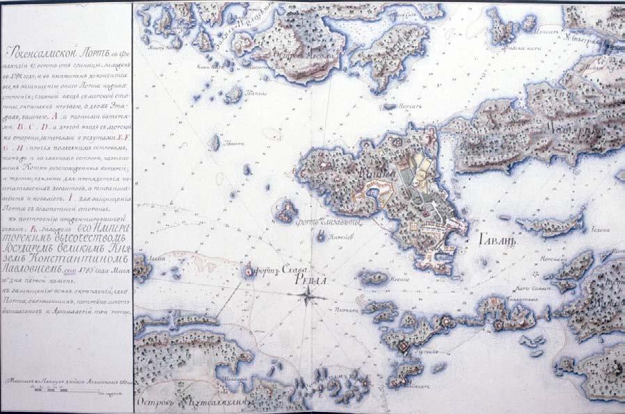 Kartta: Ruotsinsalmen sotasataman kartta vuodelta 1795 (RGAVMF.F.3L. op.3.d.945.l.1,1a, Kyhika). Kanaalin eteläpuolella asui laivaston matruuseja, kirvesmiehiä ja tilkitsijöitä.
