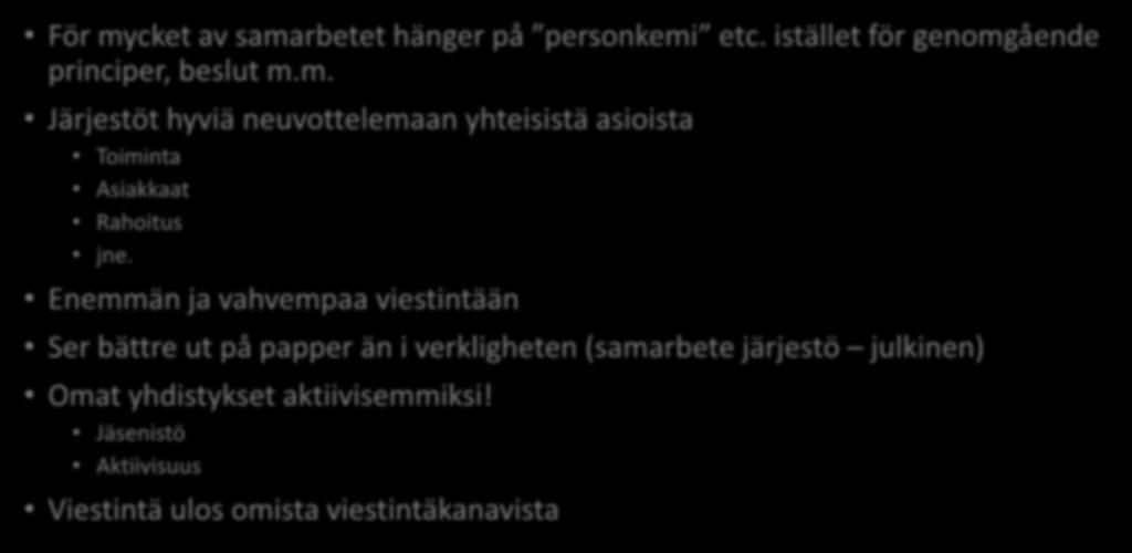 1. Nykytila För mycket av samarbetet hänger på personkemi etc. istället för genomgående principer, beslut m.m. Järjestöt hyviä neuvottelemaan yhteisistä asioista Toiminta Asiakkaat Rahoitus jne.