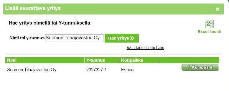 6. Valvottavan yrityksen lisääminen Lisää valvottava yritys kohteeseen valitsemalla ensin haluttu kohde listalta. Tämän jälkeen lisätään valvottava yritys Lisää yritys -painikkeella. 1.