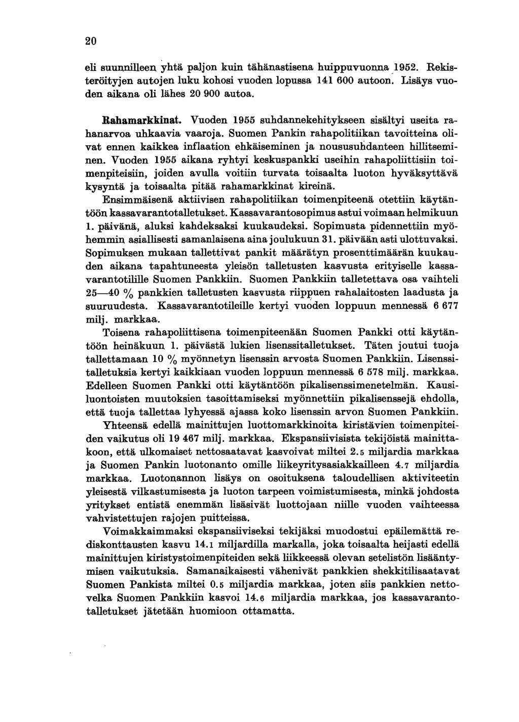 20 eli suunnilleen yhtä paljon kuin tähänastisena huippuvuonna 1952. Rekisteröityjen autojen luku kohosi vuoden lopussa 141 600 autoon. Lisäys vuoden aikana oli lähes 20900 autoa. Rahamarkkinat.