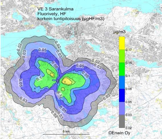 Tammervoima 2010 LIITE 7 Kuva 19. Fluorivedyn korkein tuntipitoisuus (µghf/m 3 ) vaihtoehdossa VE 3, Sarankulma (jätevoimalan päästöt raja-arvossa). Korkein pistepitoisuus (*) oli 0.2 µghf/m 3.