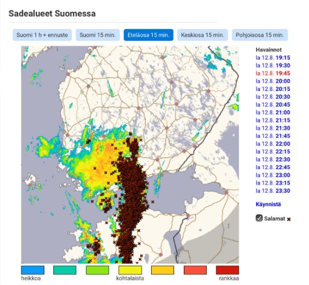 Kovin puuska maa-alueilla: Helsingin Kaisaniemi 29,6 m/s