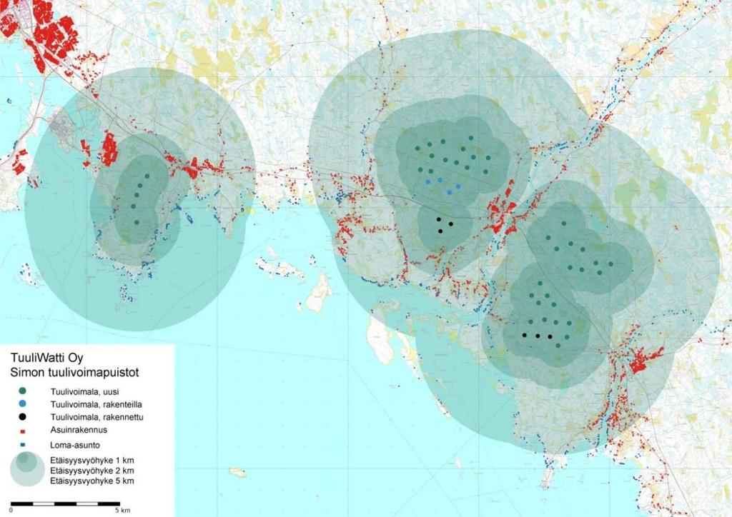 13 (43) Leipiön tuulivoimapuisto Kuva 4. Vakituinen asutus (punaiset pisteet) ja vapaa-ajan asunnot (siniset pisteet) suhteessa suunniteltuihin tuulivoimapuistoihin.