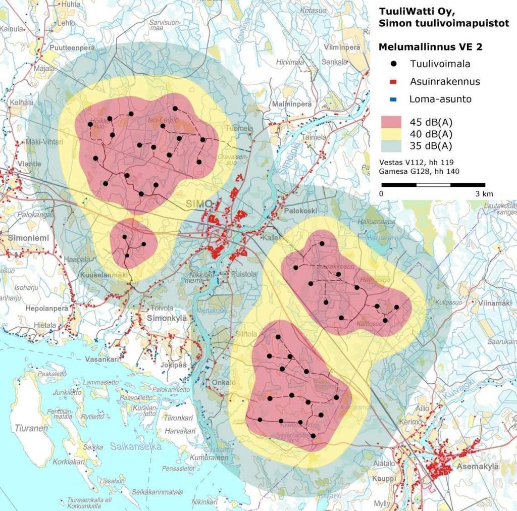 39 (43) Leipiön tuulivoimapuisto Kuva 10. Melumallinnuksen tulokset Simon tuulivoimapuistohankkeissa.