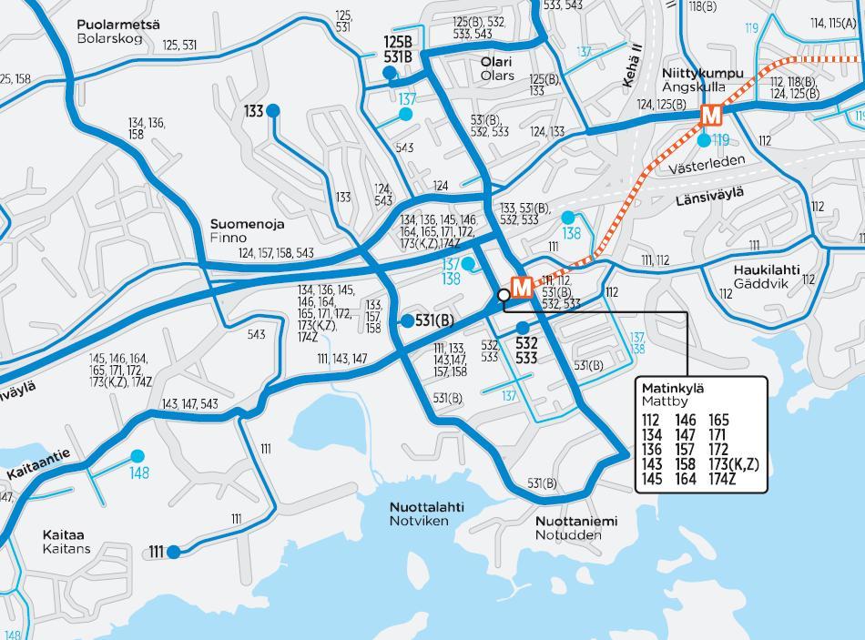Joukkoliikenne: Metron liikennöidessä Matinkylään, Suomenlahdentietä pitkin kulkee liityntälinjoja Espoonlahden ja Kaitaan suunnasta Matinkylän metroasemalle.