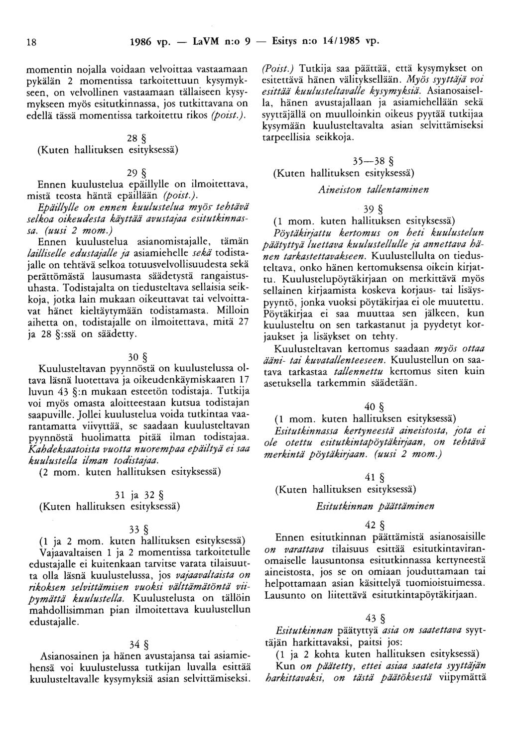 18 1986 vp. - LaVM n:o 9 - Esitys n:o 14/1985 vp.