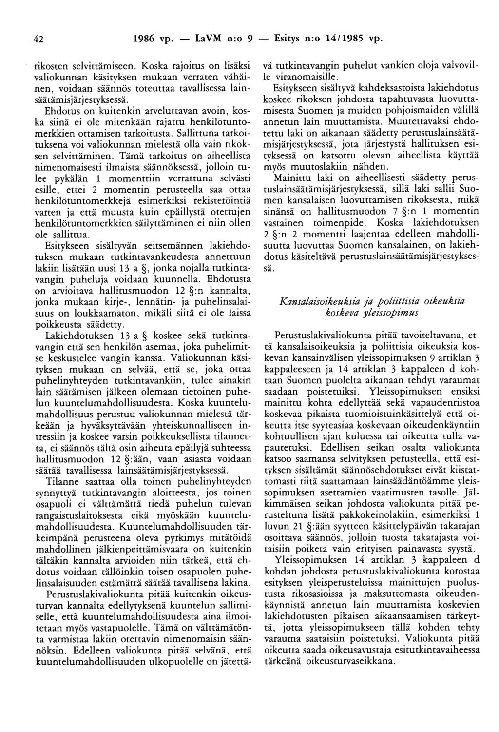 42 1986 vp. - LaVM n:o 9 - Esitys n:o 14/1985 vp. rikosten selvittämiseen.