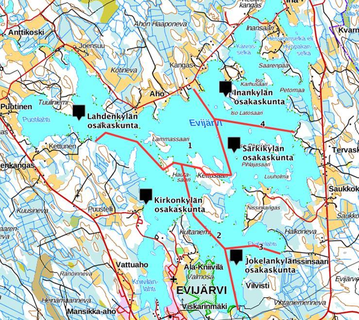 Evijärven ruoppausalueet Evijärven kunnostushanke Evijärvi on jaettu viiteen eri vesiosakaskuntaan: Kirkonkylän, Lahdenkylän, Inankylän, Särkikylän ja Jokelankylän osakaskunnat (Kuva 1).