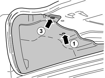 Irrota sivupaneeli kiinnikkeestä (3, kuva B) hattuhyllyn alasivulla. Irrota sivupaneeli irrottamalla se kuormankiinnityssilmukasta (4, kuva A).