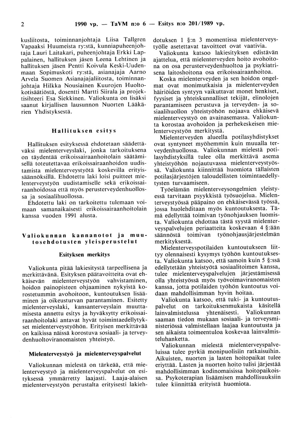 2 1990 vp. - TaVM n:o 6 - Esitys n:o 201/1989 vp.