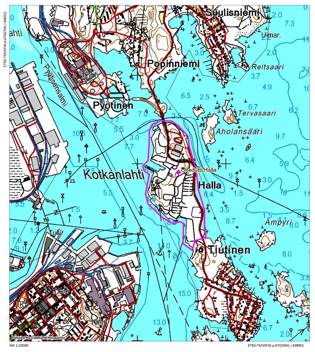 Karttaote inventoidusta alueesta Inventoitu tuulivoimahankkeeseen liittyvä alue sijaitsee Hallan saarella, kaava-alue on rajattu aniliinilla.